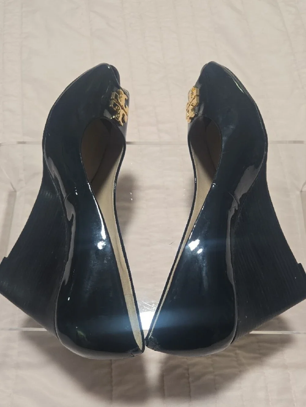 Tory Burch Navy Patent Peep-Toe Wedge with Gold Logo Accent
